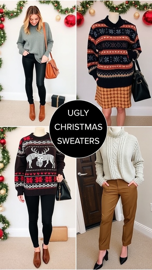 A collection of stylish outfits featuring ugly Christmas sweaters in festive settings.
